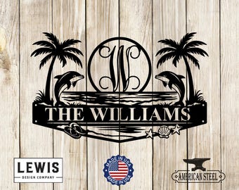 Custom Beach Monogram Sign with Dolphins, Monogram Sign, Bar Sign, Beach Sign, Beach House Sign, Beach Sign, Fathers Day, Pool Sign
