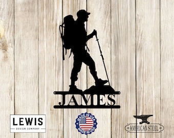 Male Hiker Wall Sign with Custom Name, Metal Sign, Explorer, Custom Metal Sign, Hiking Wall Sign, Hiking, Trekking, Camping, Hike, Hiker