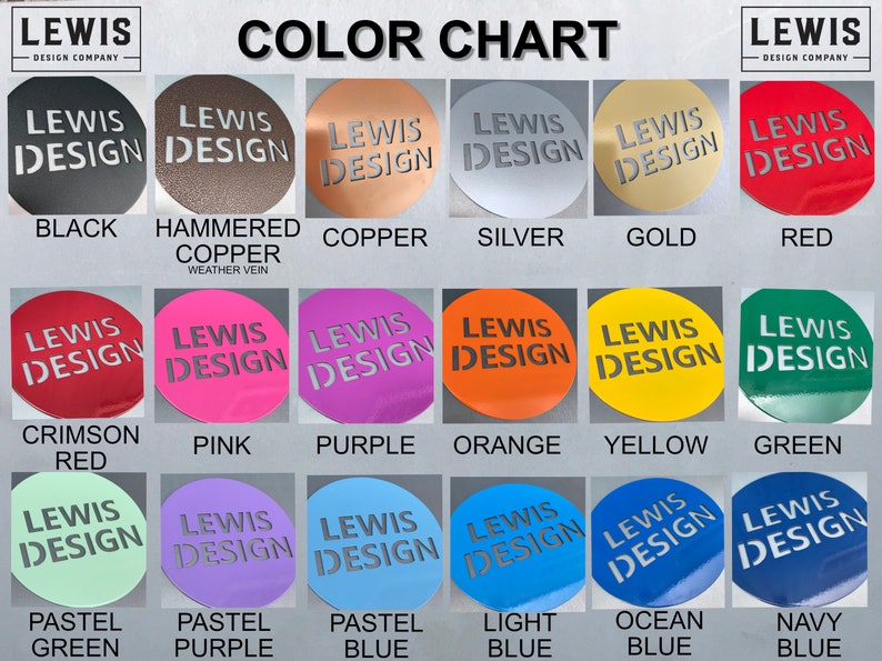 K&ouml;nnte beinhalten: Farbkarte mit 18 verschiedenen Metallfarben, wobei der Text "LEWIS DESIGN" in Wei&szlig; auf jedem Farbmuster steht. Die Farben umfassen Schwarz, geh&auml;mmertes Kupfer, Kupfer, Silber, Gold, Rot, Rotbraun, Rosa, Lila, Orange, Gelb, Gr&uuml;n, Pastellgr&uuml;n, Pastelllila, Pastellblau, Hellblau, Ozeanblau und Marineblau.