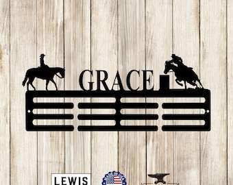 Horse Barrel Racing Custom Name Medal Hanger Monogram - 12 Rungs for medals & Ribbons, Medal Display, Barrel Racing, Horse Show