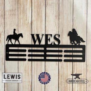 Cowboy Custom Name Medal Hanger Monogram - 12 Rungs for medals & Ribbons, Medal Display, Kids Room Sports Decor, Western Horse, Horse
