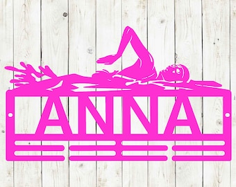 Percha de medalla de natación femenina, signo de metal de nombre personalizado, exhibición de premio de natación, exhibición de medalla de natación personalizada, titular de la medalla de natación