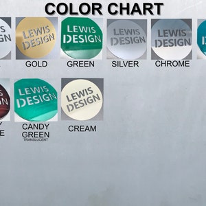 May include: Color chart showing different sticker colors and finishes. The sticker design features the text "LEWIS DESIGN" in white. Colors include white, gold, green, silver, chrome, candy teal translucent, candy bronze translucent, candy green translucent, and cream.