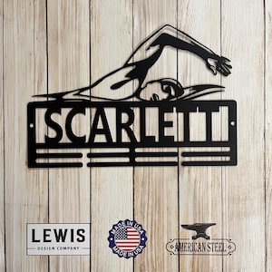 Swimming Medal Hanger Custom Name Metal Sign, Swimming Award Display, Personalized Swimming Medal Display, Swimming Medal Holder