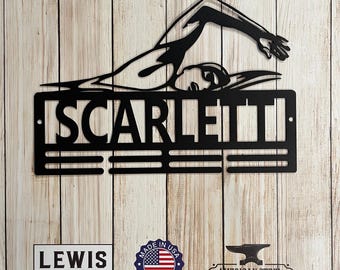 Swimming Medal Hanger Custom Name Metal Sign, Swimming Award Display, Personalized Swimming Medal Display, Swimming Medal Holder