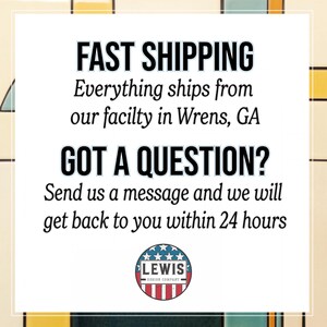 May include: A white graphic with the text "FAST SHIPPING" and "GOT A QUESTION?" in bold black font. The Lewis Design Company logo is at the bottom. The background features a colourful geometric pattern.