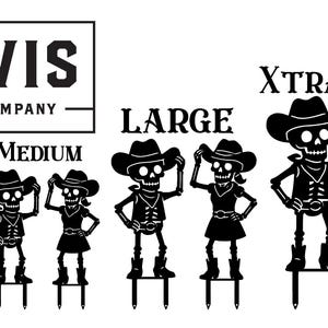 May include: Black and white illustrations of skeleton cowboys and cowgirls in various sizes, labelled Small, Medium, Large, and Xtra Large. The figures wear cowboy hats, vests, skirts, and boots. The Lewis Design Company logo is at the top.