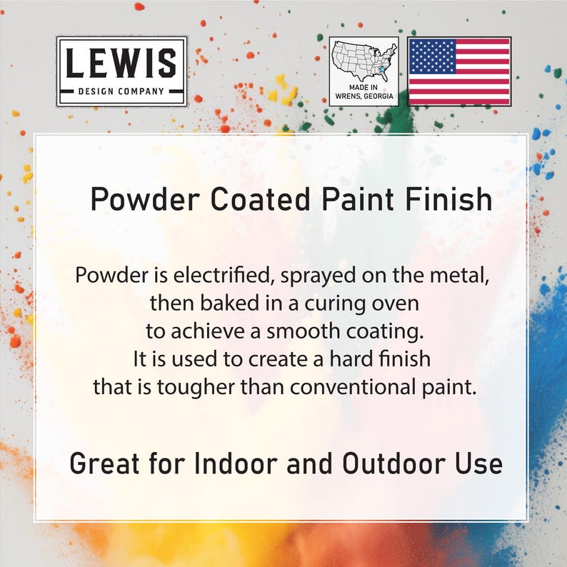 May include: An image detailing the powder-coated paint finish process. The text describes how powder is electrified, sprayed on metal, and baked to create a smooth, hard finish, suitable for indoor and outdoor use. Includes the Lewis Design Company logo and a US flag.