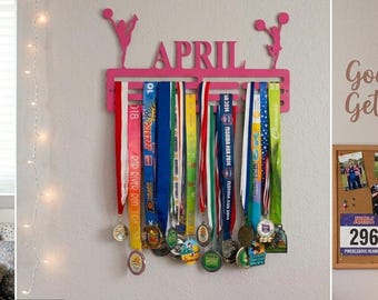 Cheerleader Custom Name Medal Hanger Monogram - 12 Rungs for medals & Ribbons, Medal Display, Cheerleading, Cheer, Cheerleader