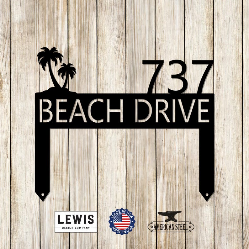 Lawn Address Monogram Metal Sign With Palm Tree, Custom Address Sign