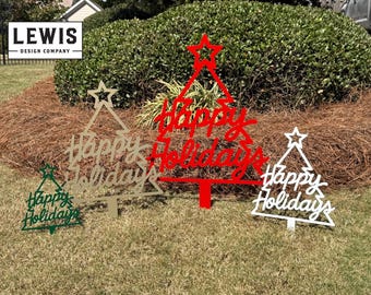 Happy Holidays Tree Yard Stake – Festive Metal Christmas Sign – Outdoor Holiday Décor – Garden or Lawn Decoration – Christmas Tree with Star