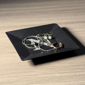 Custom Decorative Tray | Elegant Black Metal with Steel Initial Inlay | Personalized Initial Jewelry & EDC Gear Catchall