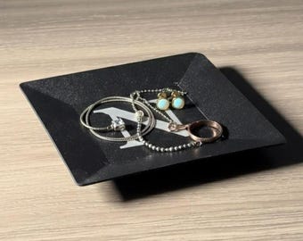 Custom Decorative Tray | Elegant Black Metal with Steel Initial Inlay | Personalized Initial Jewelry & EDC Gear Catchall