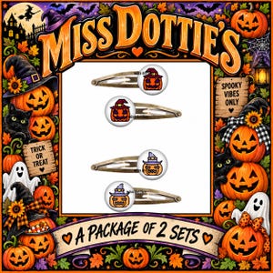 May include: Four metal hair clips featuring circular cabochons with Halloween designs. Two clips display a jack-o'-lantern wearing a purple witch hat, and two clips display a jack-o'-lantern wearing a brown witch hat, all set against a white background.