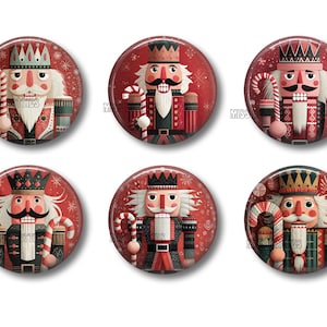 May include: A set of six circular buttons featuring illustrations of nutcracker figures in various red, green, and black uniforms. Each nutcracker wears a crown and holds a candy cane against a red background decorated with white snowflakes.