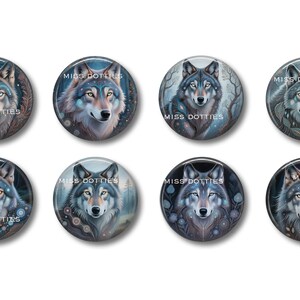 May include: A collection of eight round buttons featuring detailed illustrations of wolves. Each button showcases a different wolf portrait with varying backgrounds, including starry skies and forest scenes. The text "MISS DOTIES" is printed on each button.