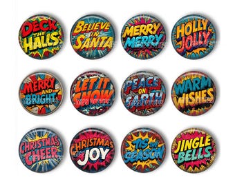Puede incluir: Un conjunto de doce chapas redondas con estilo de cómic y colores vibrantes en rojo, amarillo y azul. Cada chapa muestra textos navideños como Deck the Halls, Believe in Santa, Merry Merry, Holly Jolly, Merry and Bright, Let it Snow, Peace on Earth, Warm Wishes, Christmas Cheer, Christmas Joy, Tis the Season y Jingle Bells.