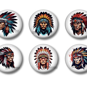 May include: Six white round buttons featuring illustrations of Native American chiefs wearing colorful headdresses. The illustrations are in shades of red, blue, yellow, and brown. The text "MISS DOTIES" is printed on some of the buttons.