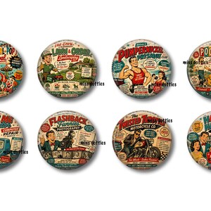 May include: Eight circular metal signs featuring colorful retro-style illustrations and text. Designs include Wacky Whil-Pop Carnival, Lawn & Order Landscaping, Pumpernickel Physique Club, Pooch Patrol, Byte Me Doctor, Flashback Funnies, The Twisted Throttle, and Happy Habitat Apartments.