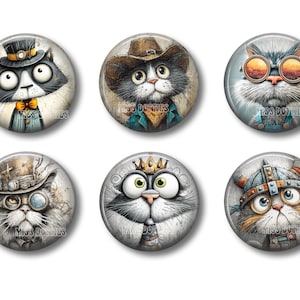 Art Deco Flair Pins, Steampunk Flair Pins, Steampunk Flair Buttons, Cat Flair Pins, Cat Flair Buttons, Refrigerator Magnets, Cats