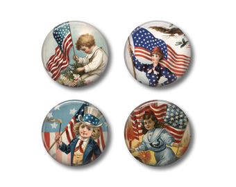 May include: A set of four circular pin-back buttons featuring vintage-style illustrations. Each button displays a child or young person in patriotic attire with American flags, including one depicting a figure dressed as Uncle Sam.