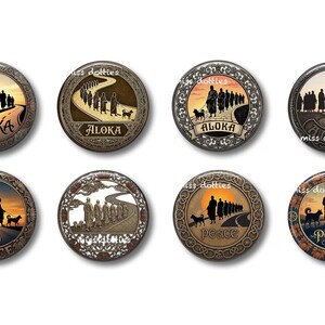 May include: A set of eight circular pin-back buttons featuring silhouettes of figures walking with a dog on a path. Four buttons display the text ALOKA and four display the text PEACE, set against sunset or landscape backgrounds with decorative borders.
