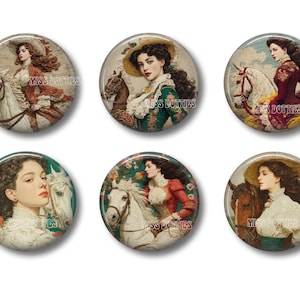 May include: Set of six round pinback buttons featuring vintage-style illustrations of women with horses. Each button showcases a different woman in period clothing, with a soft, antique color palette of reds, greens, and creams.