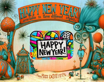 ¡Feliz Año Nuevo! Broches grandes, broches planos o imanes.