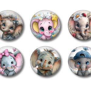 May include: Six round, decorative buttons featuring adorable cartoon elephants. Each button showcases a different elephant design with varying colors, accessories, and expressions. The elephants are depicted with large ears, expressive eyes, and cute details.