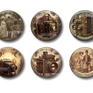 May include: Set of six round buttons featuring vintage camera designs. The buttons showcase sepia-toned illustrations of antique cameras, portraits, and the words "Selfie" and "Smile". The buttons are labeled "Miss Dotties".