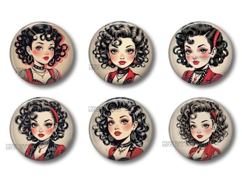 May include: Six circular pin-back buttons featuring illustrations of a person with curly dark hair, red lipstick, and red clothing. Each button displays the text Miss Dotties in a small font. The designs show variations in accessories and outfits.