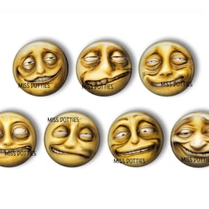 May include: Seven round, yellow-toned face designs with exaggerated expressions. Each face has a unique, slightly unsettling smile and is labeled "MISS DOTTIES". The faces have a slightly aged appearance.