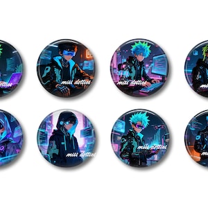 May include: Set of eight round buttons featuring anime-style characters in futuristic outfits with neon accents. Each button has a different design, with the text "miss dotties" on each. Some buttons show computer screens and the text "SYSTEM HACKED".