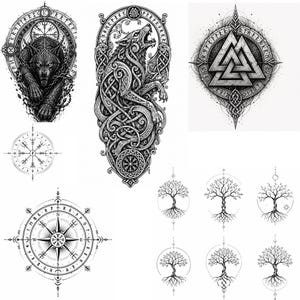 May include: Black and white illustrations of Viking-themed designs. Includes a wolf within a circular frame, a compass, a howling wolf with intricate knotwork, a Valknut symbol, and several tree of life designs.