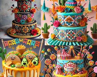 25 Custom Cinco de Mayo Cakes Designs/5 PDF 5 DESIGNS /Fiesta in the Garden/Mariachi Magic/piñata Party Explosion/Taco ‘Bout a Party!more