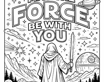 Star Wars Inspired Printable Coloring Pages – Space Battles, Jedi Meditation, Galactic Maps & Moons – 5 Page Bundle (8.5x11")/5pdf/