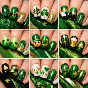 以下が含まれることがあります： 聖パトリックの日のネイルアートデザインのコレクション。爪は、さまざまな緑の色合い、金のグリッター、クローバー、虹、レプラコーン、ビールジョッキなどのテーマデザインが特徴です。一部の爪は単色で、他の爪には詳細なアートワークが施されています。