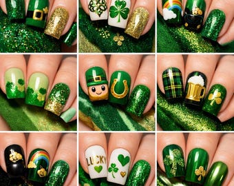 Inspiración para diseños de uñas para el Día de San Patricio: Trébol verde y dorado, ideas de arte de uñas arcoíris/5 archivos PDF/Sin artículos físicos/45 diseños de uñas