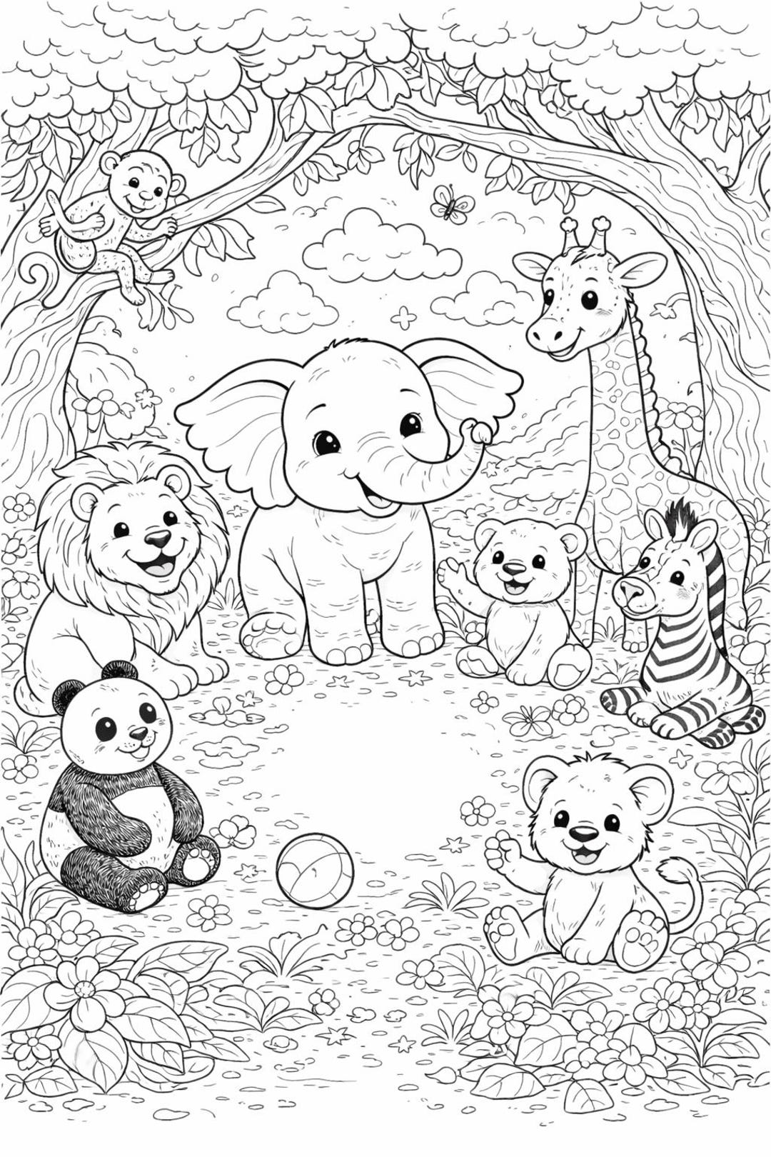 Baby Jungle Party Coloring Page Printable – Cute Safari Animals Kids ...
