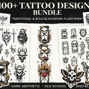 Minimalist Tattoo Designs Bundle | 100+ Fine Line & Blackwork Flash Sheet | Dark Aesthetic, Spine / Patchwork  | Digital Download/12 pdf/