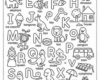 Páginas para colorear del alfabeto, páginas para colorear preescolares, imprimibles preescolares, letras preescolares, hoja para colorear completa A/Z / 8,5 x 11 pulgadas