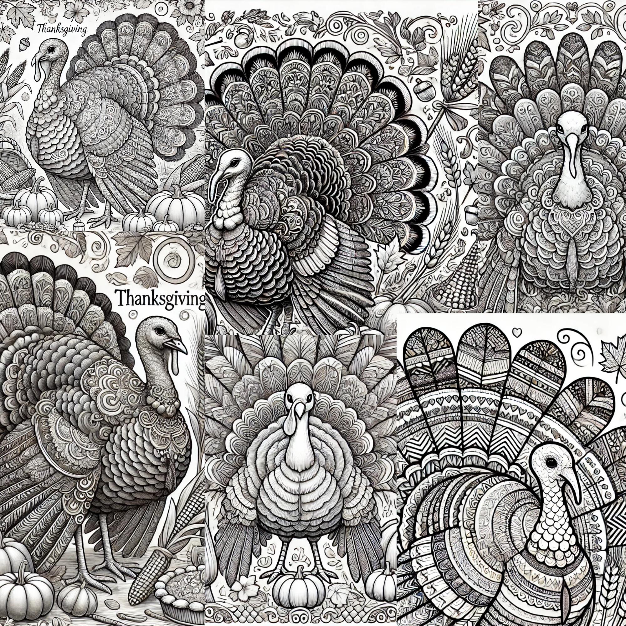 Thanksgiving turkey coloring page,(5pdf) featuring swirling patterns in the turkey's feathers and surrounded by autumn harvest elements....