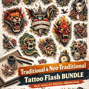 May include: A digital download bundle featuring 45 traditional and neo-traditional tattoo designs. The designs include skulls, roses, daggers, and other classic tattoo imagery. The image has a vintage aesthetic with a banner that reads "Traditional & Neo-Traditional Tattoo Flash BUNDLE."
