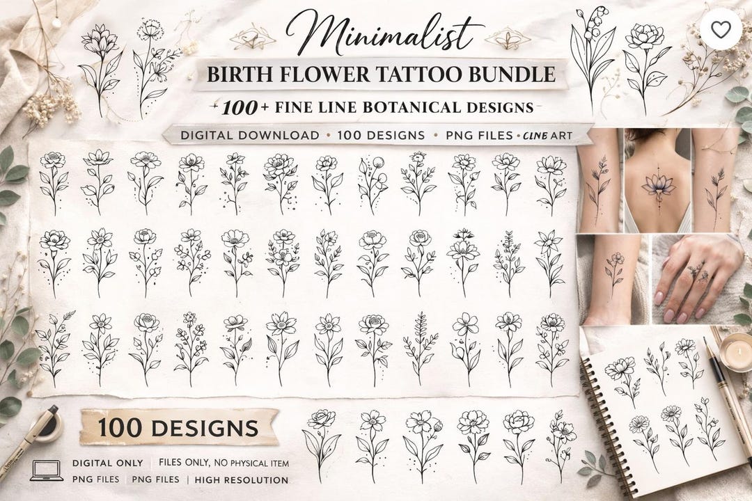 Minimalist Birth Flower Tattoo Bundle – 100+ Fine Line Floral Designs ...