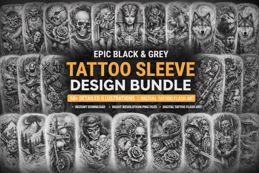 Epic Black & Grey Tattoo Sleeve Design Bundle | Digital Tattoo