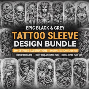 Peut inclure: Un ensemble de motifs de tatouage de manchons noirs et gris avec plus de 50 illustrations détaillées. Les motifs comprennent des crânes, des loups et d'autres illustrations fantastiques. Le texte dit "EPIC BLACK & GREY TATTOO SLEEVE DESIGN BUNDLE".