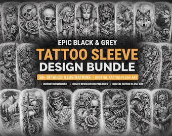 Epic Black & Grey Tattoo Sleeve Design Bundle  Detailed Illustrations | Digital Tattoo Flash Art/Tattoo Sleeve Designs /5 pdf/60 designs/