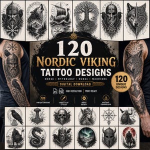 Könnte beinhalten: Ein digitaler Download mit 120 nordischen Wikinger-Tattoo-Designs. Das Bild zeigt verschiedene Tattoo-Beispiele, darunter einen Wikinger, einen Wolf und ein Schiff. Die Designs basieren auf nordischer Mythologie, Runen und Kriegerthemen.