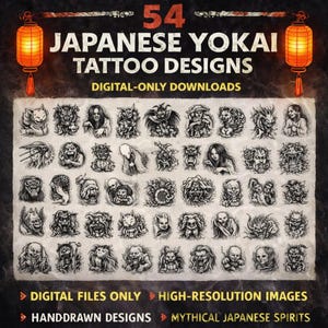 May include: A digital download featuring 54 Japanese Yokai tattoo designs. The image showcases various hand-drawn illustrations of mythical Japanese spirits in black and white. The text includes "Japanese Yokai Tattoo Designs" and "Digital Files Only."