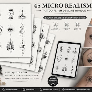 May include: A digital bundle of 45 micro realism tattoo flash designs on five sheets, including illustrations of a lighthouse, hourglass, eye, compass, and anatomical heart. The set features fine line black and grey artwork in a US letter 8.5 inch by 11 inch format.
